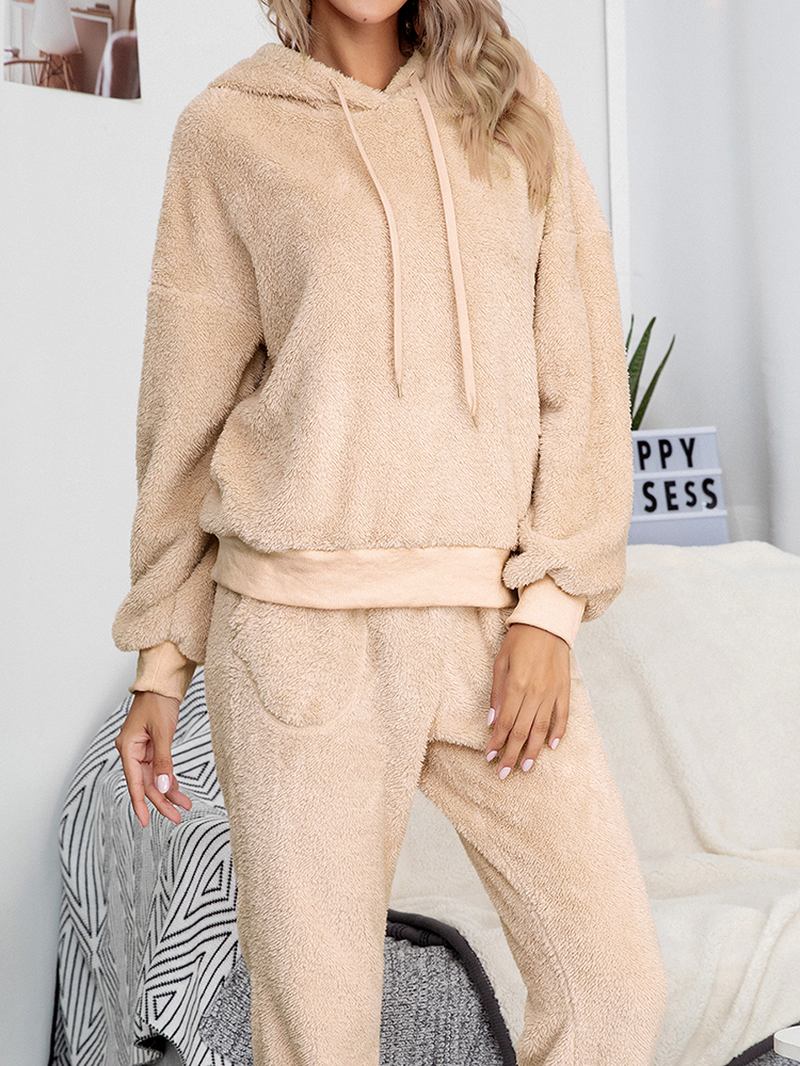 Dame Ensfarget Fleece Genser Hettegenser Joggerbukser Todelt Home Fuzzy Pyjamassett