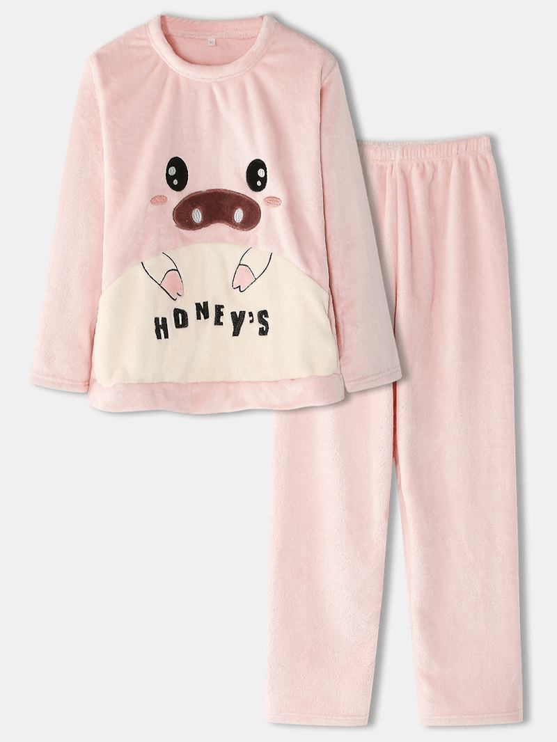 Dame Flanell Pig Grafikk Langermede Gensere Elastiske Midjebukser Tykke Hjem Pyjamassett