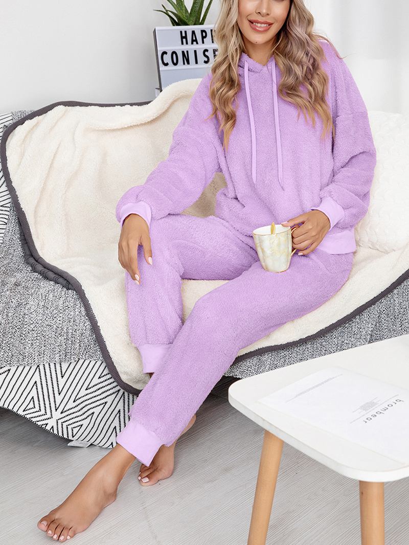 Dame Fleece Tykk Ensfarget Pullover Hettegenser Joggerbukser Hjem Fritids Pyjamas Sett