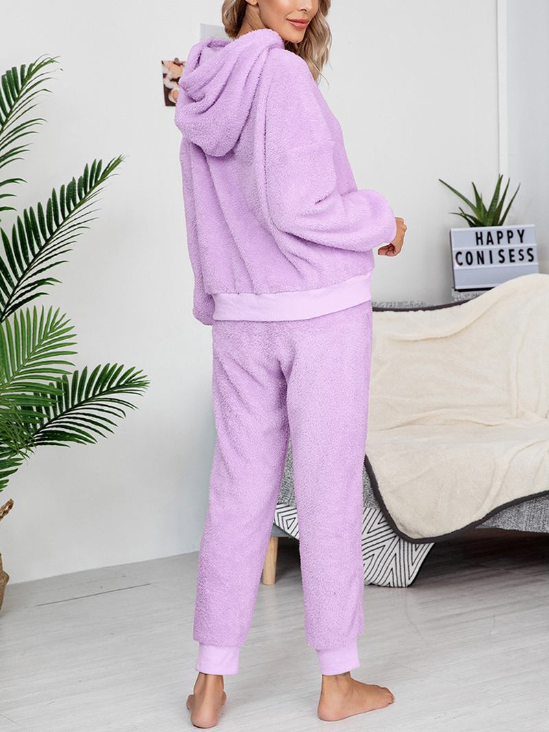 Dame Fleece Tykk Ensfarget Pullover Hettegenser Joggerbukser Hjem Fritids Pyjamas Sett