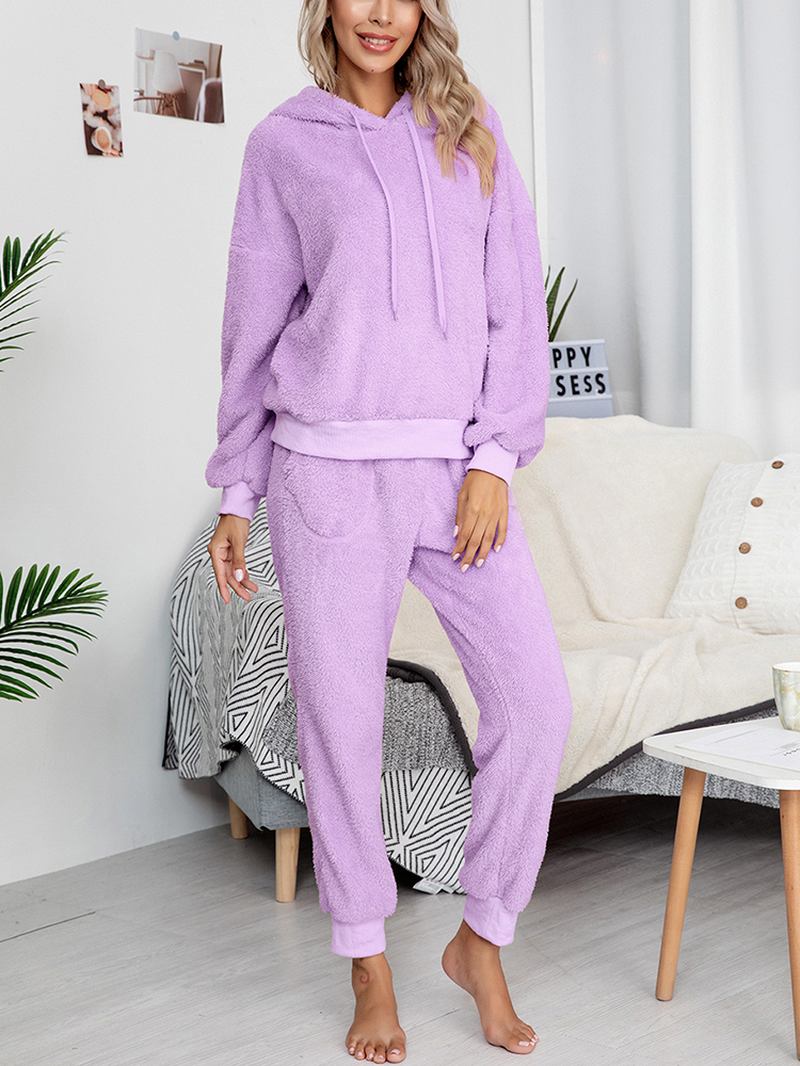 Dame Fleece Tykk Ensfarget Pullover Hettegenser Joggerbukser Hjem Fritids Pyjamas Sett