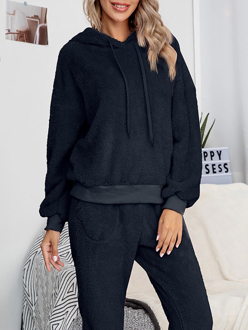 Dame Fleece Tykk Ensfarget Pullover Hettegenser Joggerbukser Hjem Fritids Pyjamas Sett