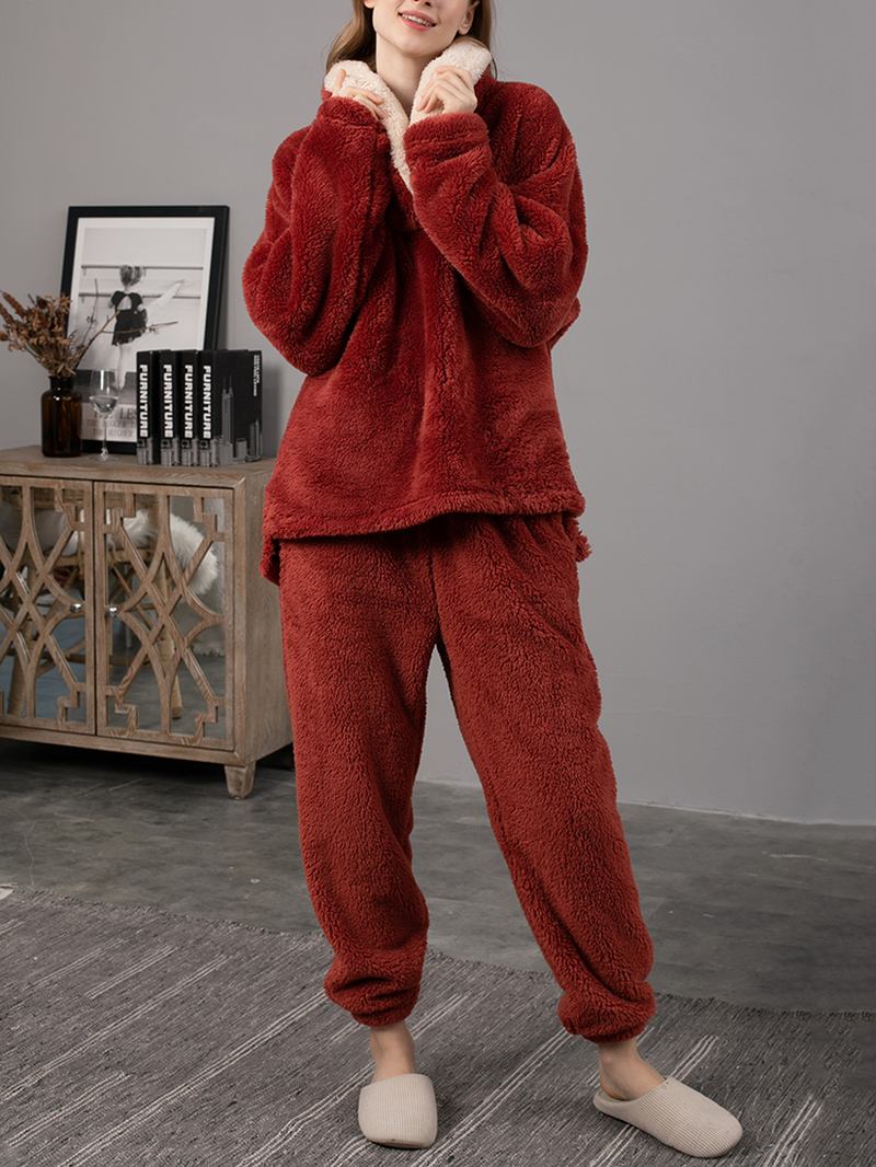 Dame Fluffy Plush Thicken Lapel High Low Hem Loungewear Varm Pyjamas Set