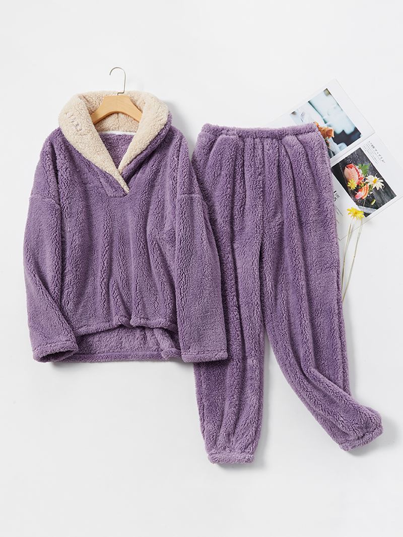 Dame Fluffy Plush Thicken Lapel High Low Hem Loungewear Varm Pyjamas Set