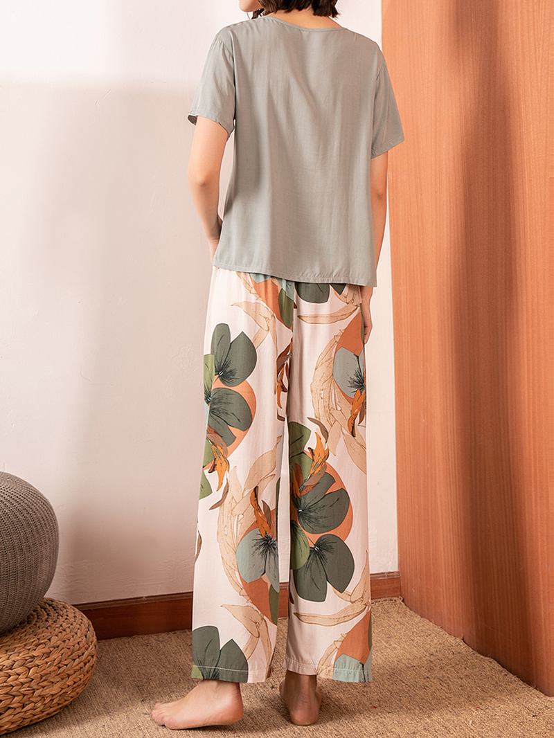 Dame V-hals Topper Tropical Plant Med Trykk Wide Leg Bukser Fritids Pyjamas Set