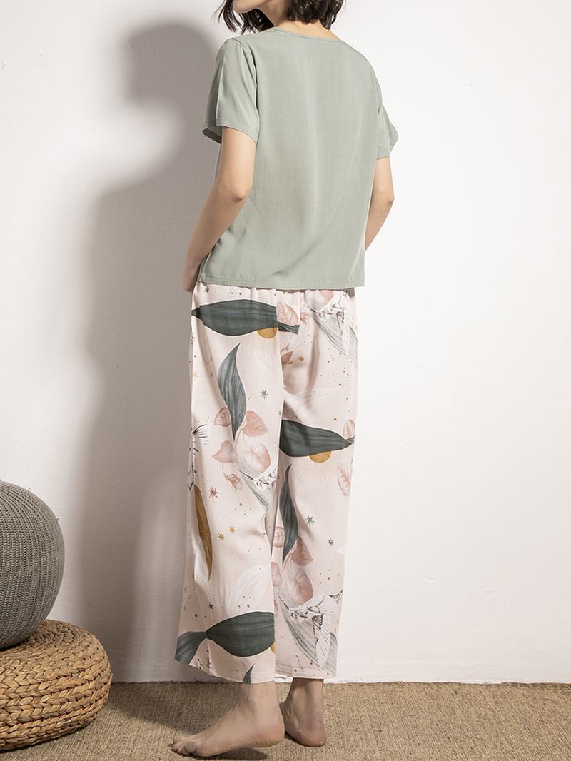 Dame V-hals Topper Tropical Plant Med Trykk Wide Leg Bukser Fritids Pyjamas Set