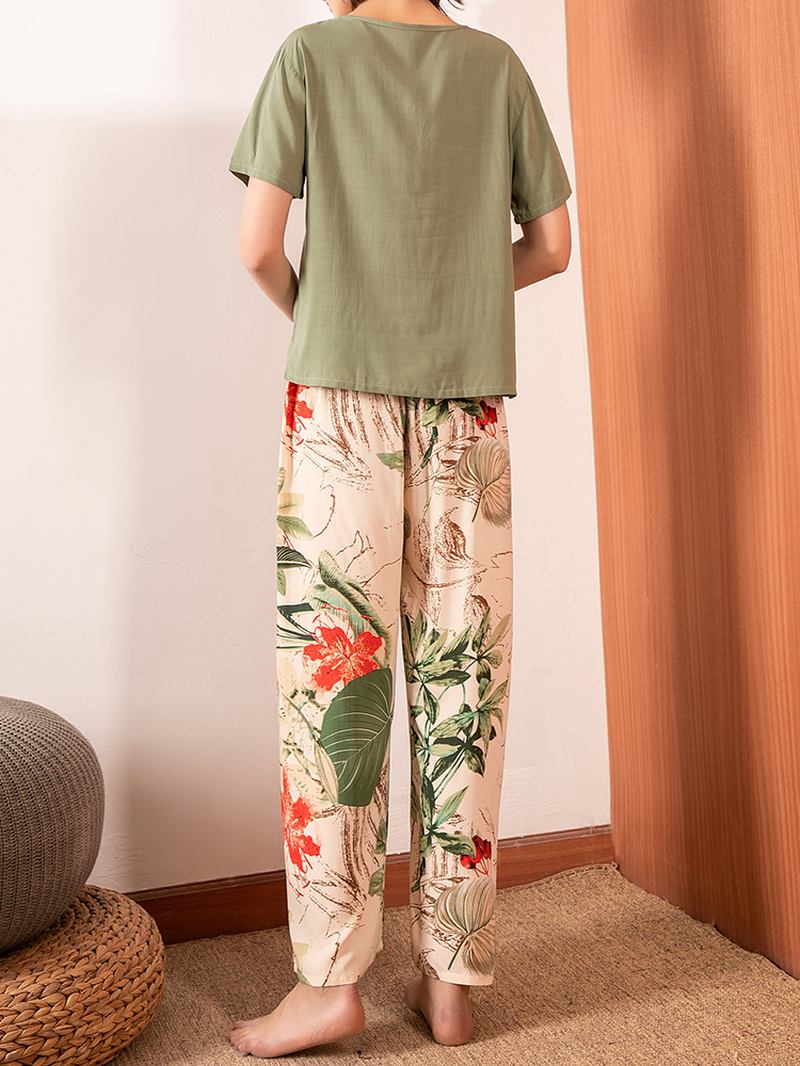 Dame V-hals Topper Tropical Plant Med Trykk Wide Leg Bukser Fritids Pyjamas Set