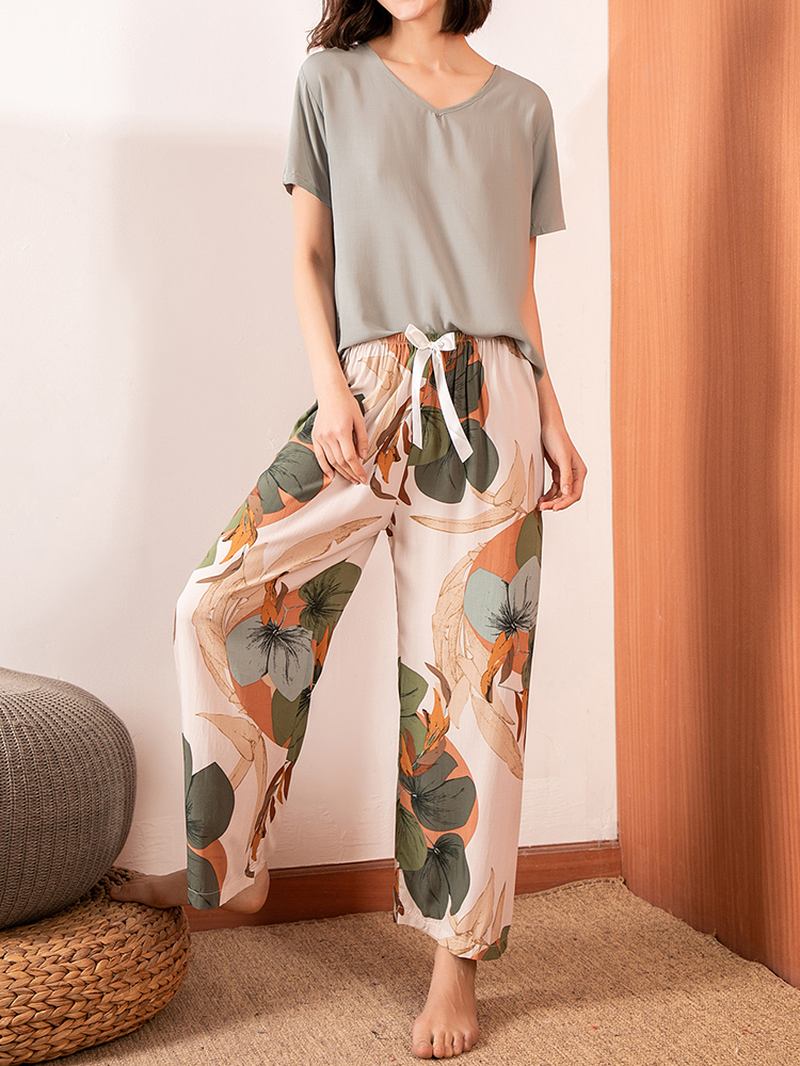 Dame V-hals Topper Tropical Plant Med Trykk Wide Leg Bukser Fritids Pyjamas Set