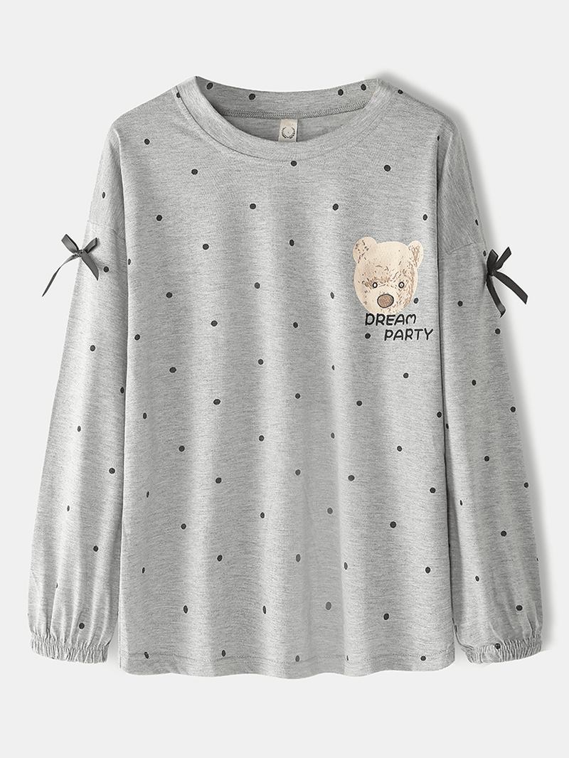 Damedukke Bjørnemønster Polka Dot Med Trykk Langermede Sweatshirts Elastiske Midjebukser Hjemmepysjamassett