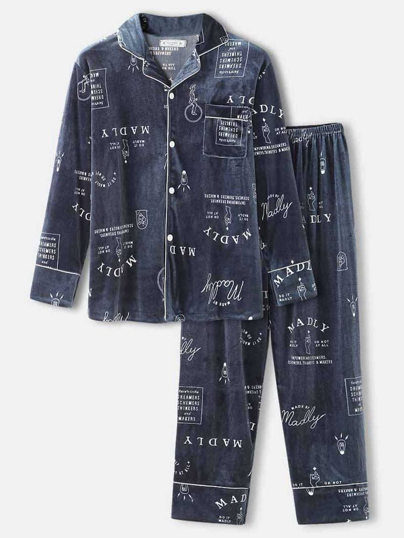 Enkel Graffiti Letter Med Trykk Skjorte Elastisk Midjebukser Velvet Warm Home Pyjamas Set