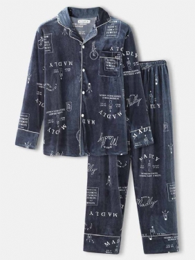 Enkel Graffiti Letter Med Trykk Skjorte Elastisk Midjebukser Velvet Warm Home Pyjamas Set