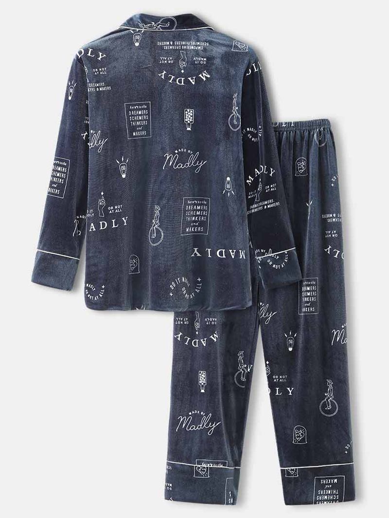 Enkel Graffiti Letter Med Trykk Skjorte Elastisk Midjebukser Velvet Warm Home Pyjamas Set