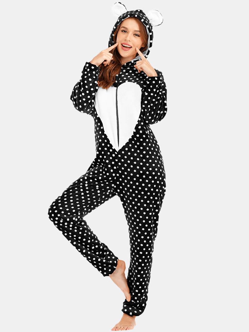 Flanell Front Zip Polka Dot Onesie Langermet Dyr Pyjamas Set