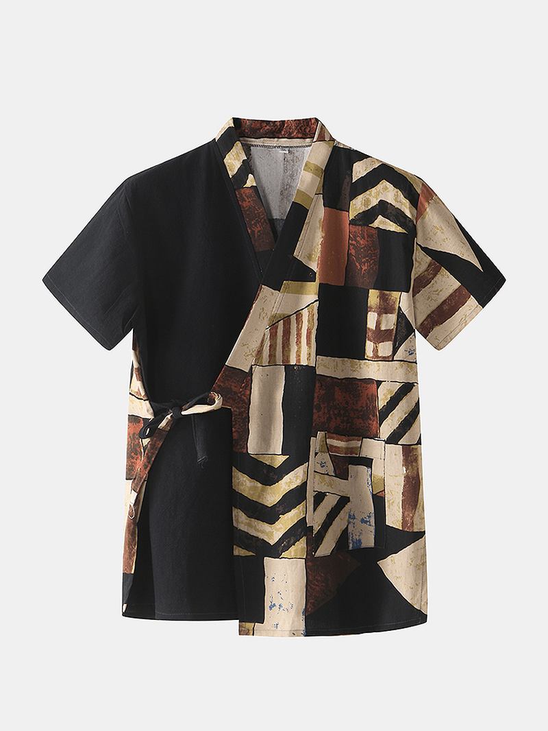 Herre Abstrakt Med Trykk Patchwork V-hals Pocket Pyjamas Sauna Suit