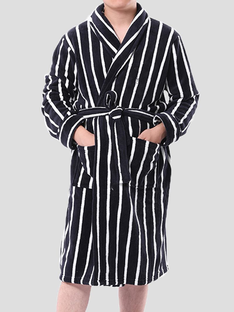 Herre Basic Striped Med Trykk Flanell Vinter Tykke Mid-length Home Lounge Robes