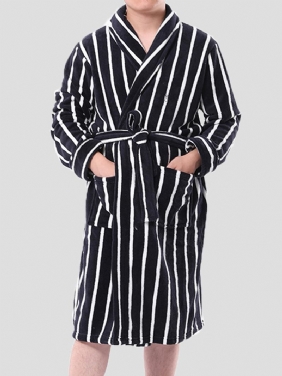 Herre Basic Striped Med Trykk Flanell Vinter Tykke Mid-length Home Lounge Robes