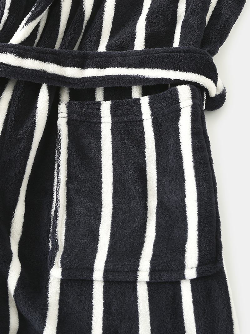 Herre Basic Striped Med Trykk Flanell Vinter Tykke Mid-length Home Lounge Robes