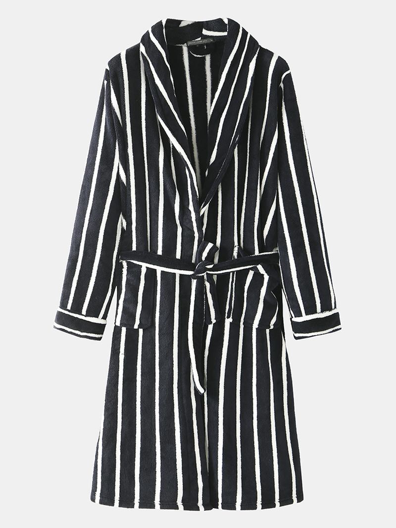 Herre Basic Striped Med Trykk Flanell Vinter Tykke Mid-length Home Lounge Robes