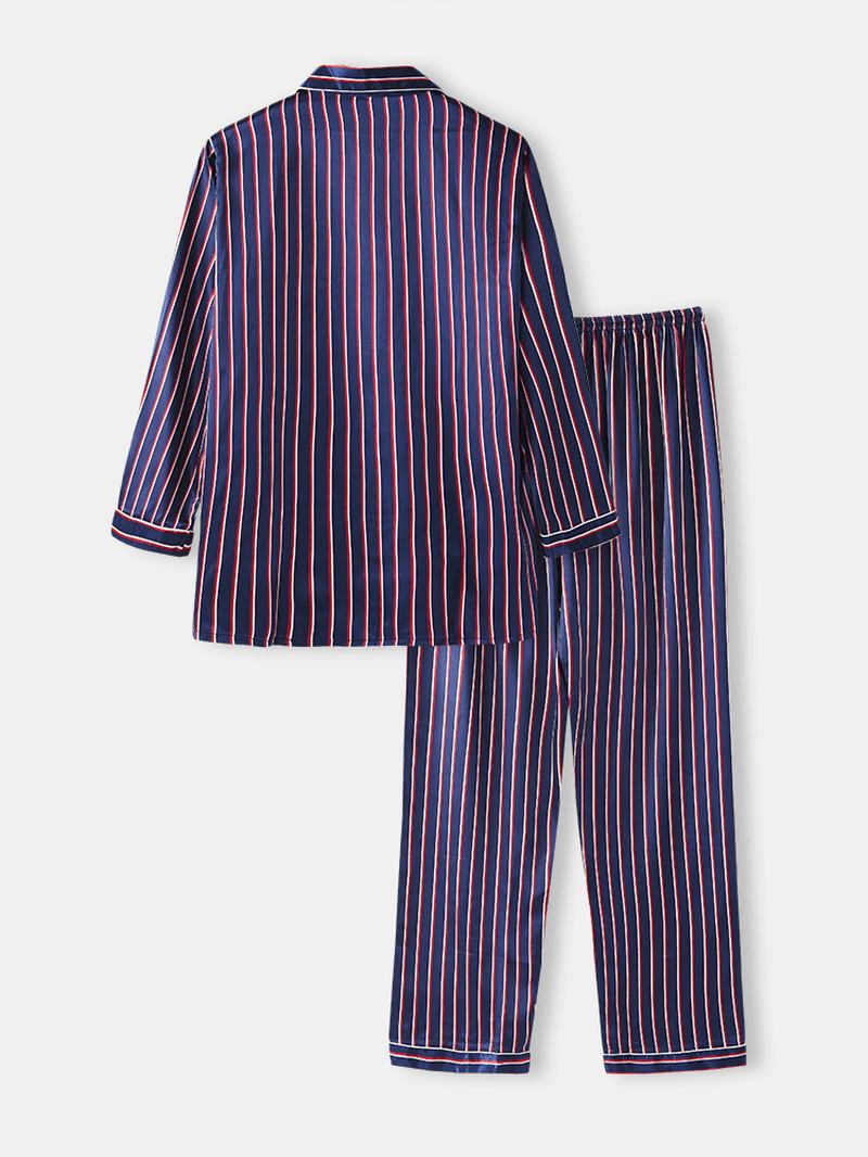 Herre Basic Stripet Silke Tynn Langermet Hjem Fritids Pyjamas Set