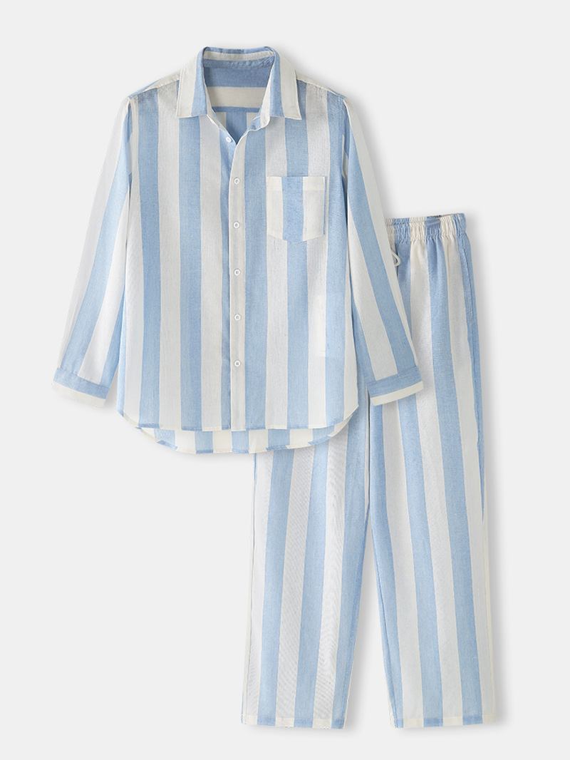 Herre Bomull Basic Stripet Lapel Langermet Løs Home Lounge Pyjamas Set