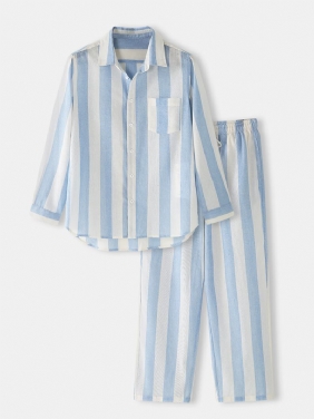 Herre Bomull Basic Stripet Lapel Langermet Løs Home Lounge Pyjamas Set