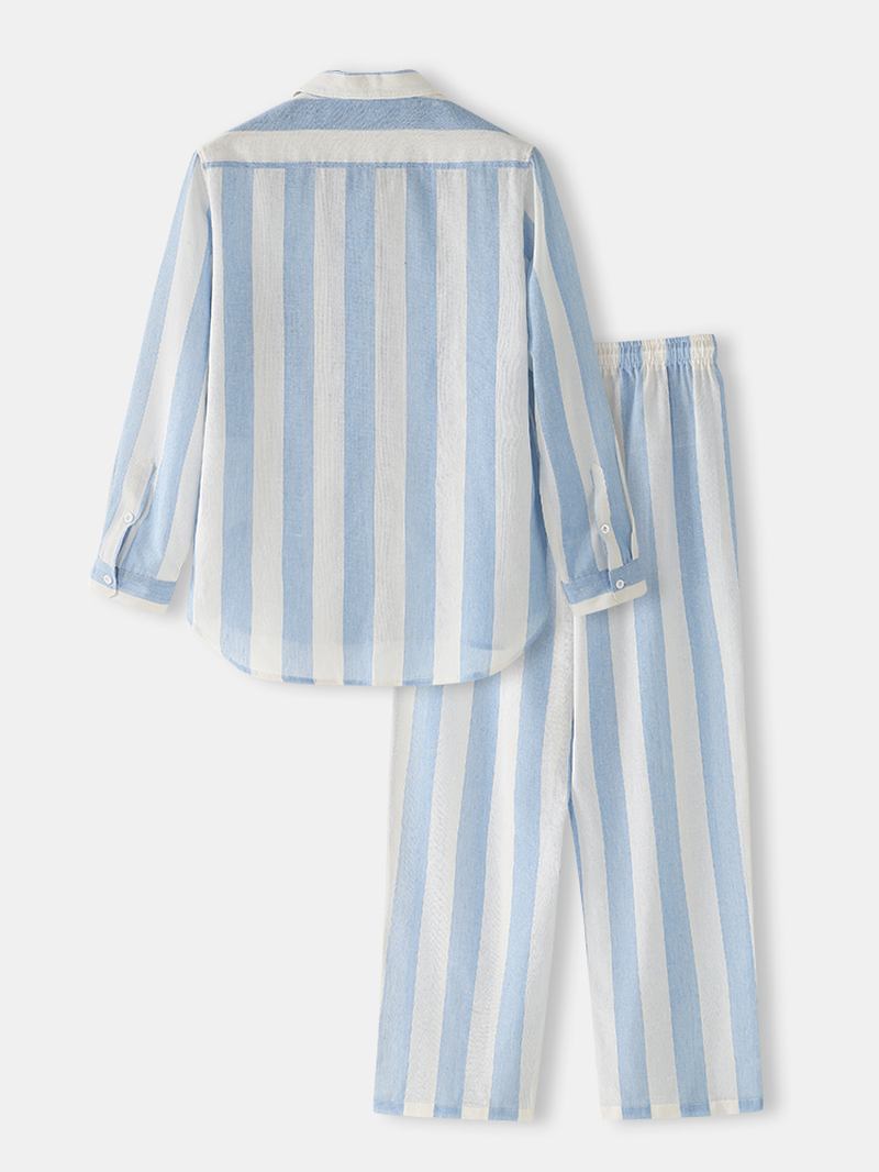 Herre Bomull Basic Stripet Lapel Langermet Løs Home Lounge Pyjamas Set