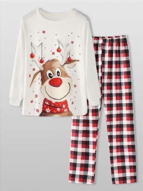 Herre Christmas Tegneserie Elk Med Trykk Rund Hals Topp Plaid Bukser Hjem Løs Pyjamas Sett