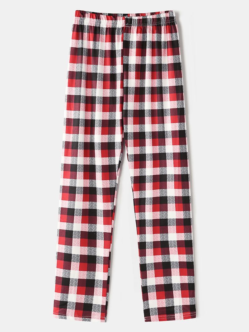 Herre Christmas Tegneserie Elk Med Trykk Rund Hals Topp Plaid Bukser Hjem Løs Pyjamas Sett