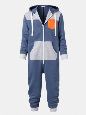 Herre Color Block Patchwork Glidelås Hooded Jumpsuit Hjem Uformelt Nattøy Onesies