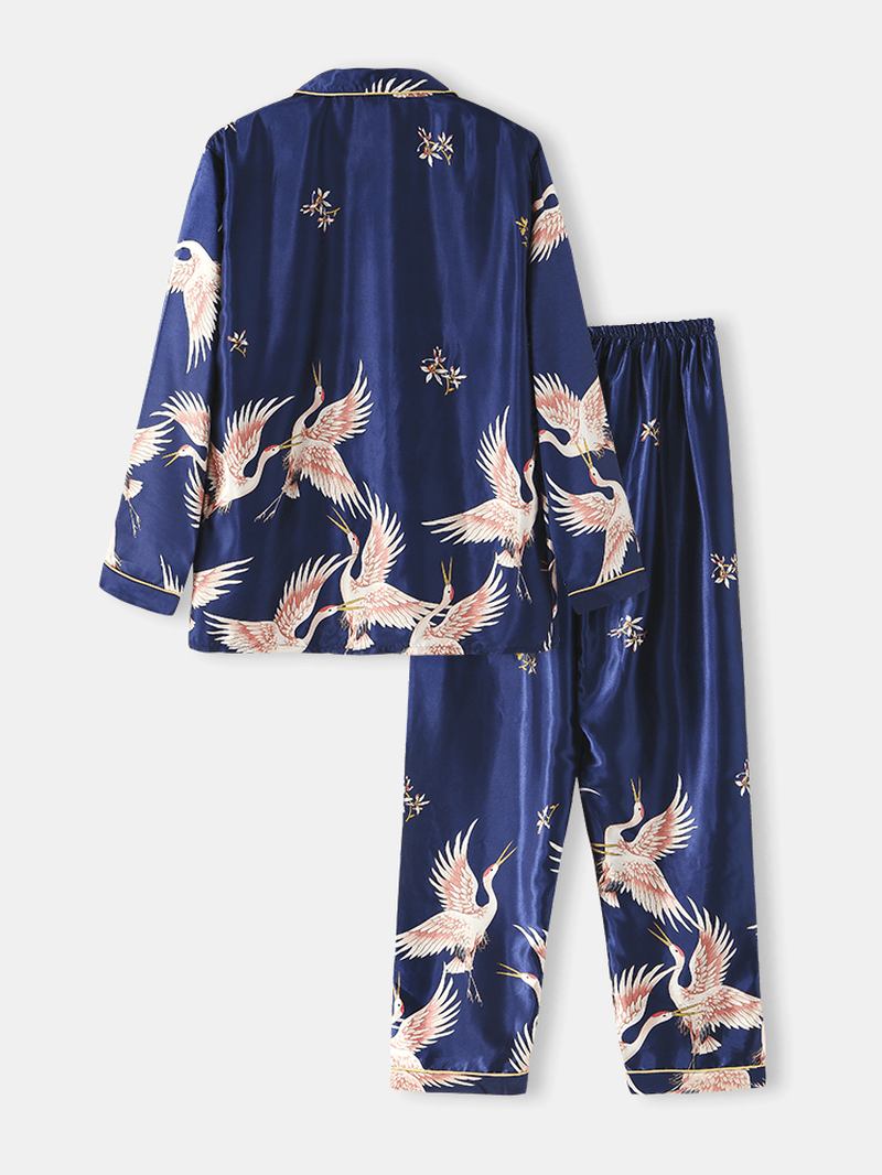 Herre Crane Med Trykk Faux Silk Home Revere Collar Langermet Loose Lounge Pyjamassett