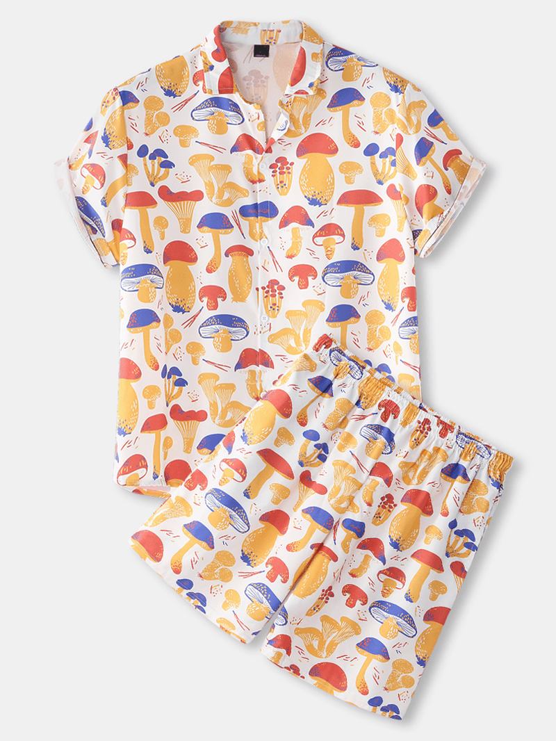 Herre Fargerikt Sjampinjong Med Trykk Tynt Løs Holiday Beach Loungewear Kortermet Pyjamas Sett