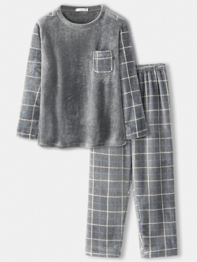 Herre Flanell Pledd Patchwork Pullover Varm Thicken Loose Pants Hjem Pyjamassett