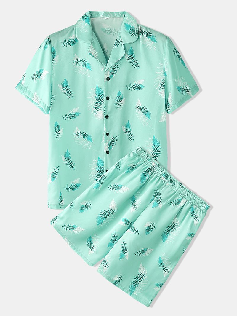 Herre Leaves Med Trykk Nattøy Revere Collar Short Sleeve Home Pyjamas Set