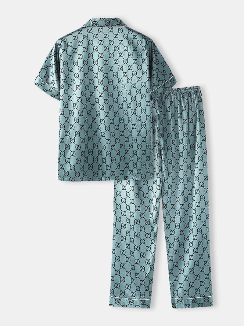 Herre Med Trykk Faux Silke Brystlomme Kortermet Elastisk Midje Tynn Hjem Pyjamas Set