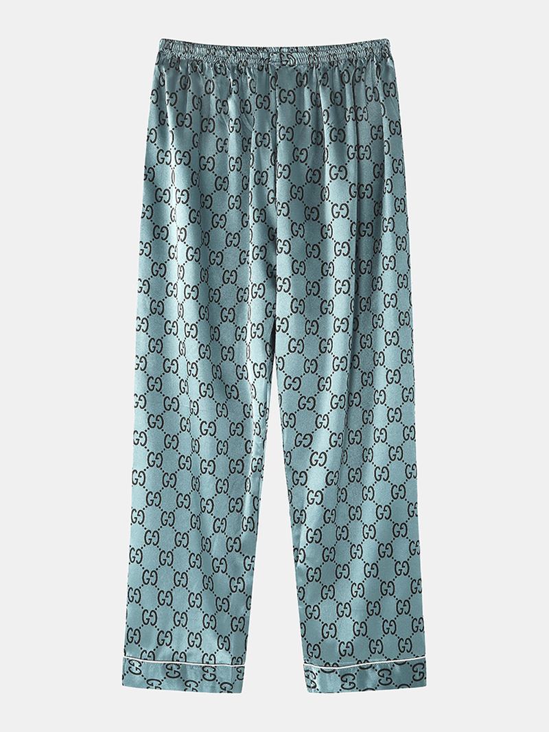 Herre Med Trykk Faux Silke Brystlomme Kortermet Elastisk Midje Tynn Hjem Pyjamas Set