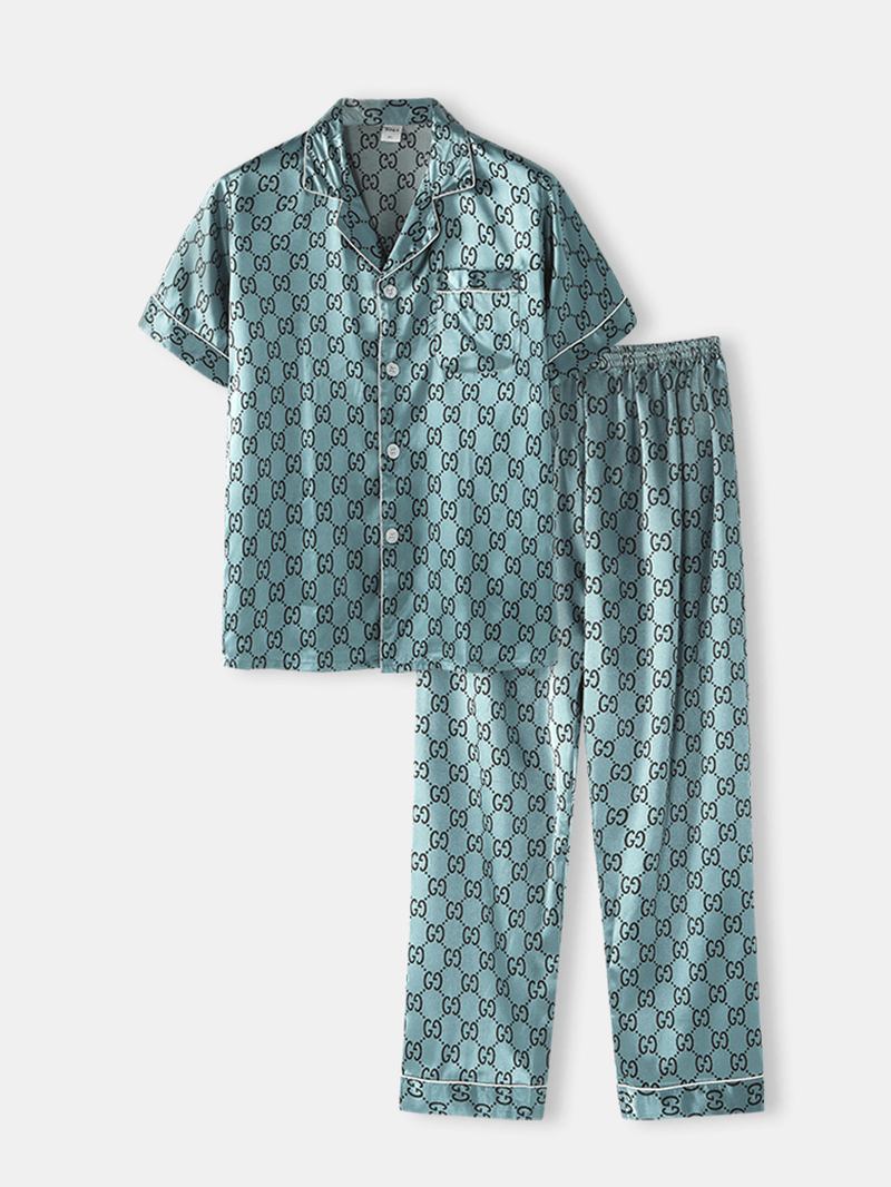 Herre Med Trykk Faux Silke Brystlomme Kortermet Elastisk Midje Tynn Hjem Pyjamas Set