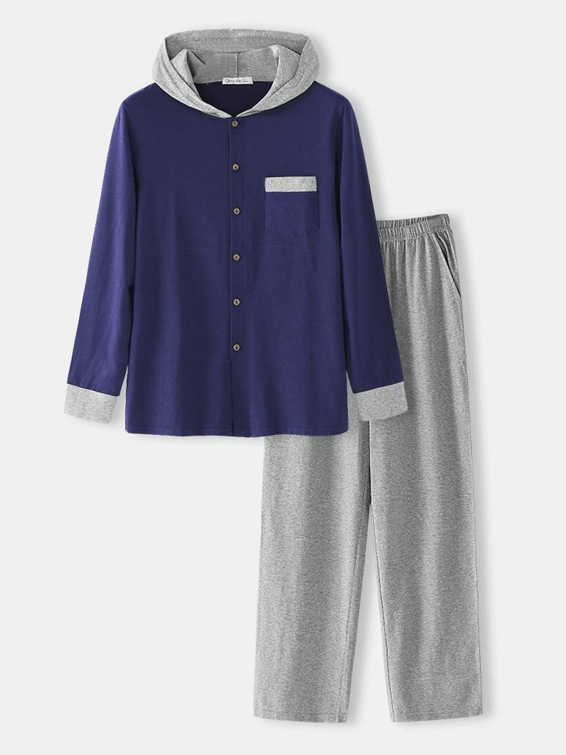 Herre Modal Strikk Langermet Hette Topp Hjem Uformell Elastisk Midje Lounge Pyjamas Set