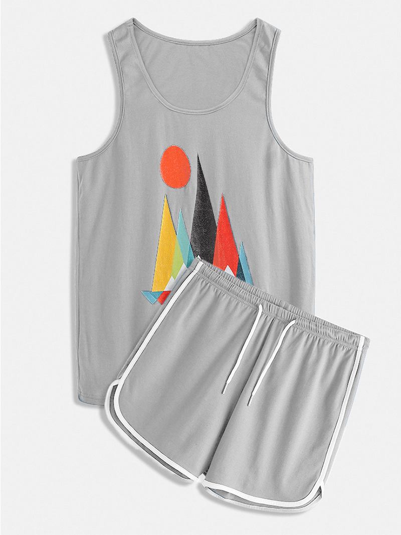 Herre Morsomme Geometriske Blokktrykk Nattøy Tank Top Elastisk Midje Shorts Hjem Pyjamas Set