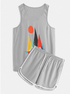 Herre Morsomme Geometriske Blokktrykk Nattøy Tank Top Elastisk Midje Shorts Hjem Pyjamas Set