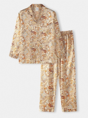 Herre Paisley Med Trykk Etnisk Stil Flap Pocket Langermet Home Fritids Pyjamas Set