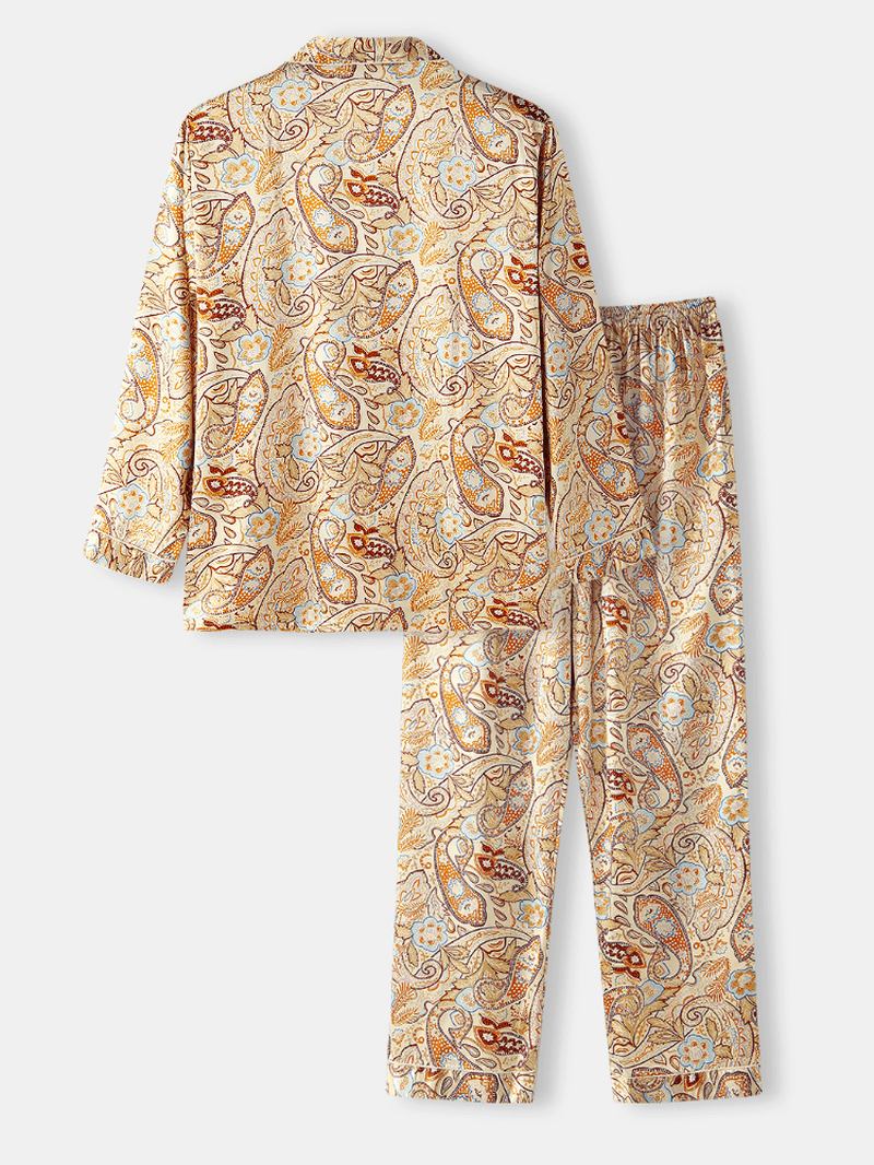 Herre Paisley Med Trykk Etnisk Stil Flap Pocket Langermet Home Fritids Pyjamas Set