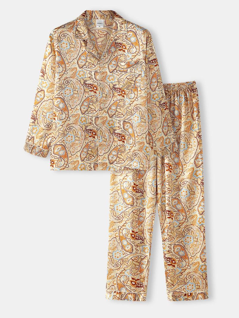 Herre Paisley Med Trykk Etnisk Stil Flap Pocket Langermet Home Fritids Pyjamas Set