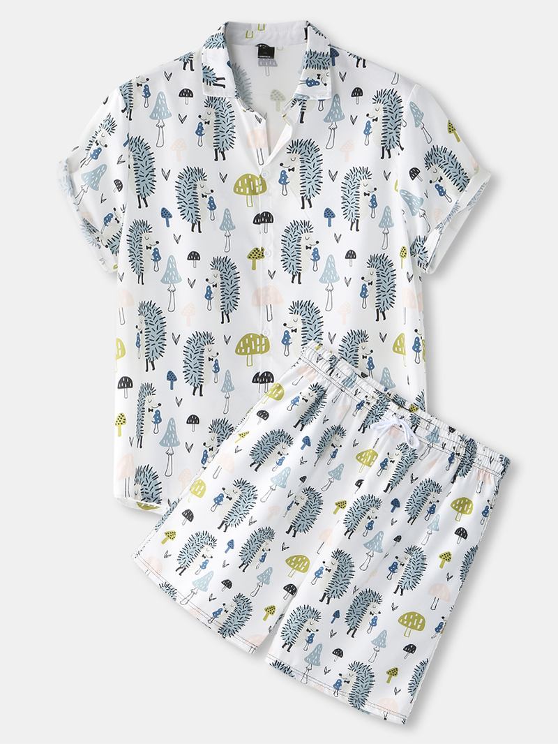 Herre Sjampinjong Med Trykk Tynt Jakkeslag Kortermet Løs Holiday Beach Loungewear Pyjamas Sett