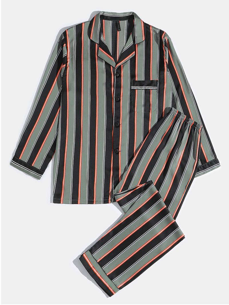 Herre Stripe Med Trykk Lapel Langermet Skjorte Elastisk Midjebukser Hjemmepysjamassett