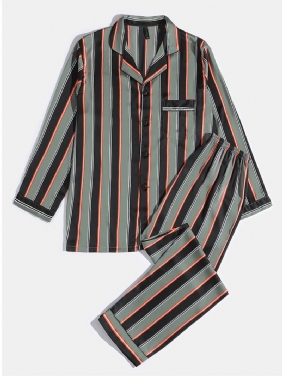 Herre Stripe Med Trykk Lapel Langermet Skjorte Elastisk Midjebukser Hjemmepysjamassett