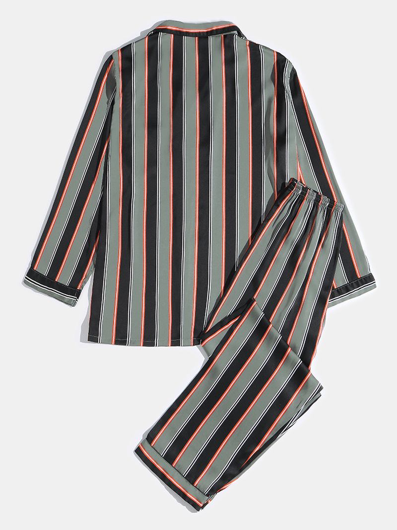 Herre Stripe Med Trykk Lapel Langermet Skjorte Elastisk Midjebukser Hjemmepysjamassett