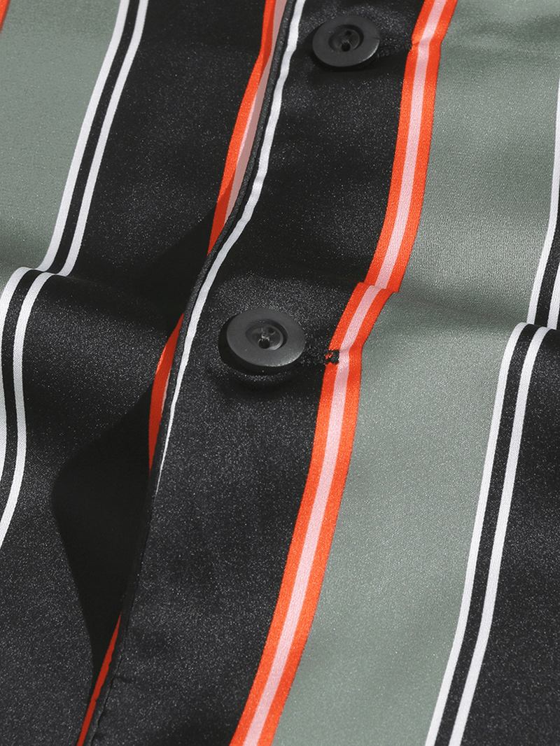 Herre Stripe Med Trykk Lapel Langermet Skjorte Elastisk Midjebukser Hjemmepysjamassett