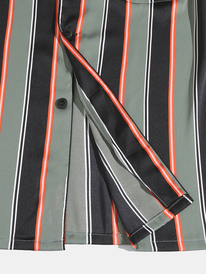 Herre Stripe Med Trykk Lapel Langermet Skjorte Elastisk Midjebukser Hjemmepysjamassett