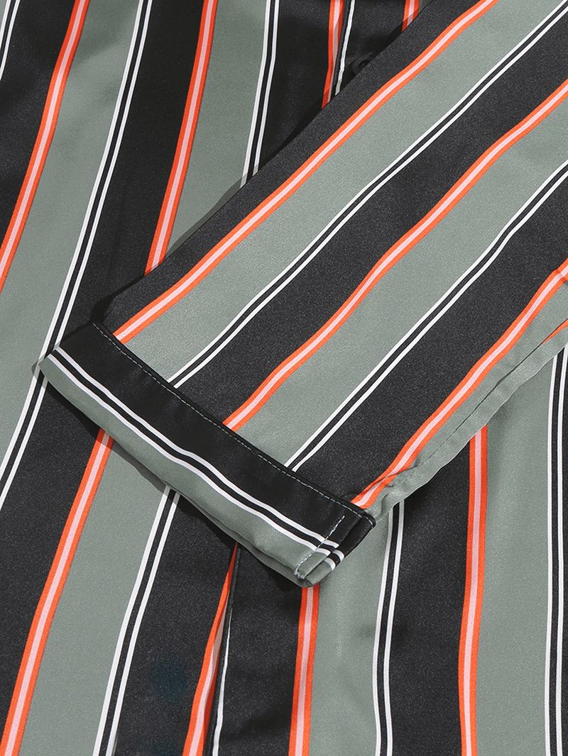 Herre Stripe Med Trykk Lapel Langermet Skjorte Elastisk Midjebukser Hjemmepysjamassett