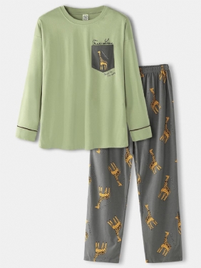 Herre Tegneserie Giraff Letter Med Trykk Drop Shoulder Cozy Pyjamas Sets